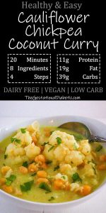 Bowl of cauliflower chickpea coconut curry with nutrition facts