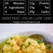 Bowl of cauliflower chickpea coconut curry with nutrition facts
