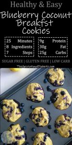 Lemon blueberry coconut cookies on a baking sheet with nutrition and recipe information