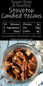 overhead view of candied pecan recipe with nutrition and recipe info