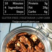 overhead view of candied pecan recipe with nutrition and recipe info