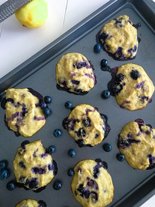 overhead view of lemon blueberry coconut cookies on a baking sheet