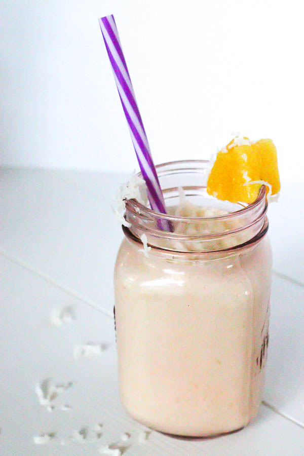 Healthy Pina Colada Chia Pudding in glass jar blended as a smoothie 1