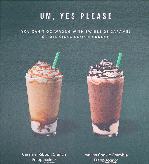 sign at Starbucks with 2 drinks