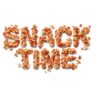 "snack time" spelled out using popcorn, pretzels and other snacks.
