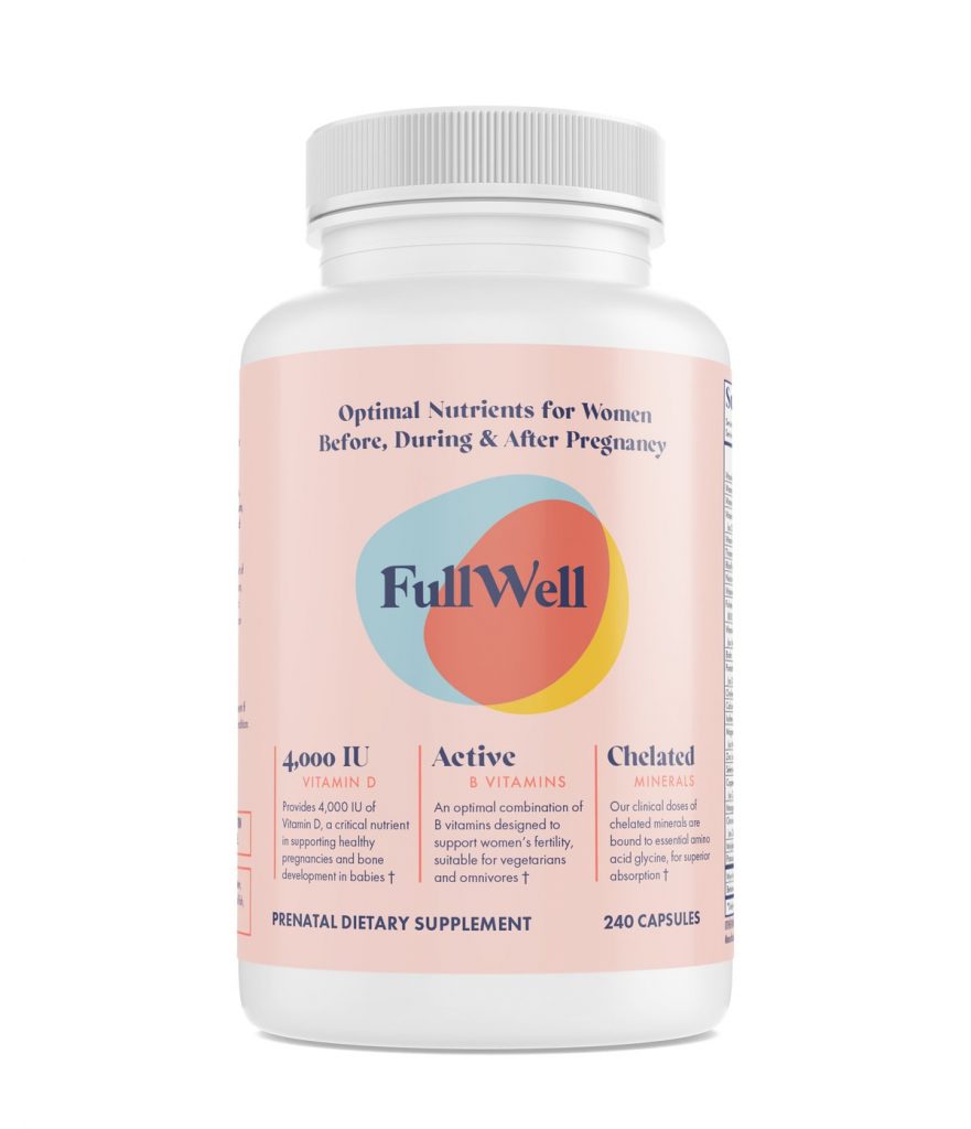 Front view of Full Well prenatal vitamin bottle.