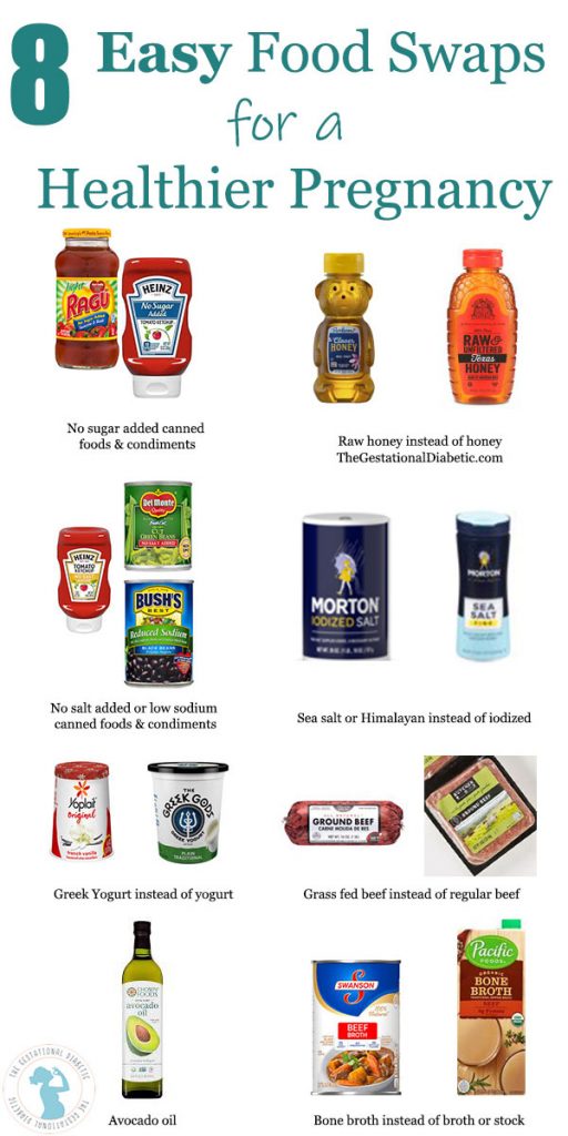 infographic for 8 easy food swaps for a healthier pregnancy to include raw honey, no salt add or low sodium products, no sugar added products, sea or himalayan salt, greek yogurt, grass fed beef, bone broth and avocado oil