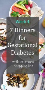 overlook of 4 dinner plates - text overlay "Week 4, 7 dinners for gestational diabetes & printable shopping list"