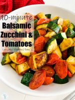 zucchini and tomatoes in a bowl with text overlay "10 minute balsamic zucchini and tomatoes"
