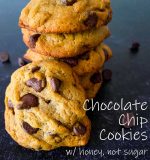 easy chocolate chip cookies stacked and one facing forward