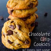 easy chocolate chip cookies stacked and one facing forward